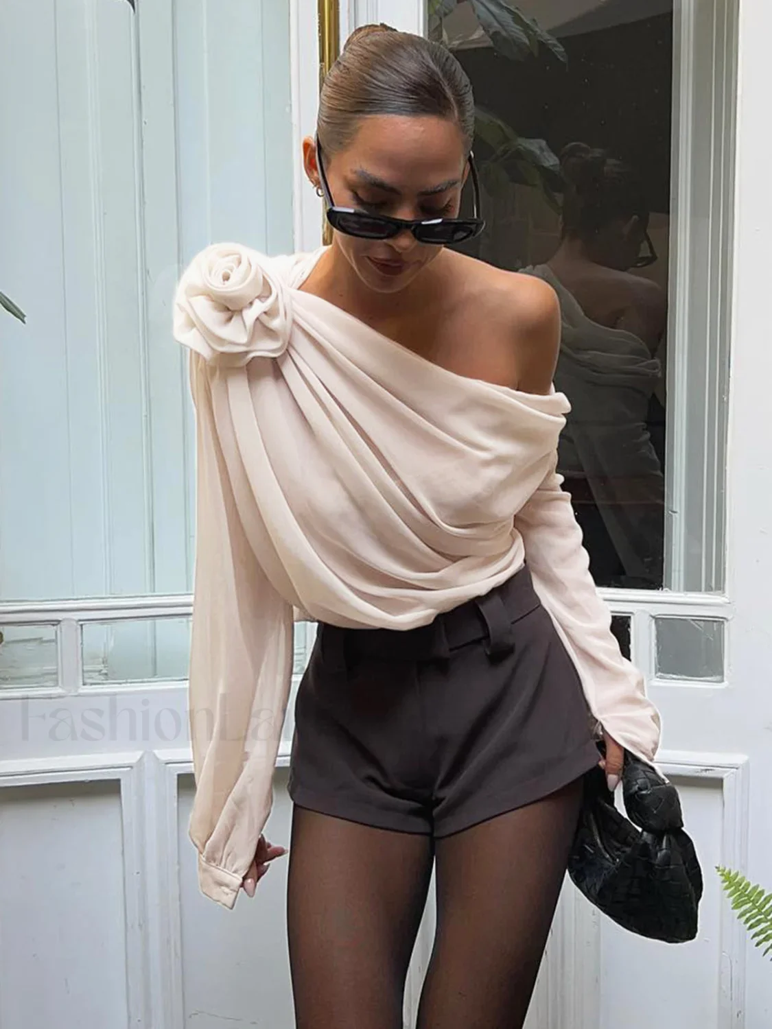 Chiffon Semi-sheer One Shoulder Asymmetrical Blouse - Image 20