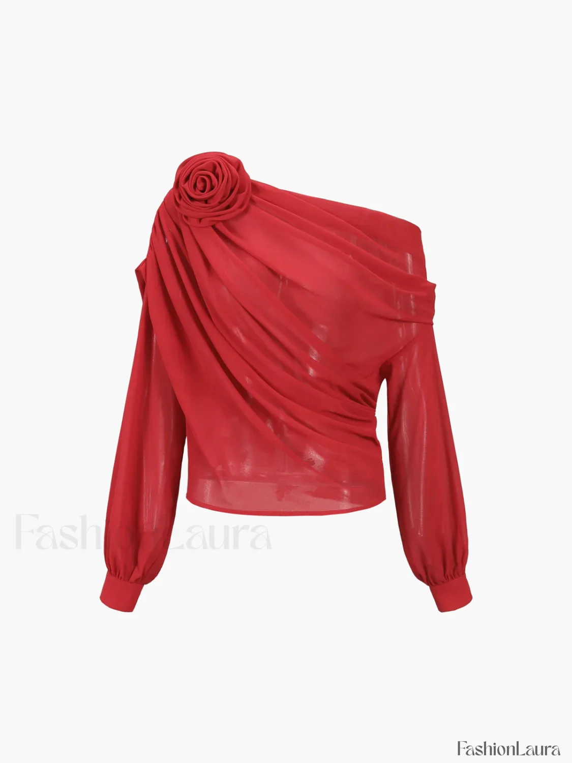 Chiffon Semi-sheer One Shoulder Asymmetrical Blouse - Image 22