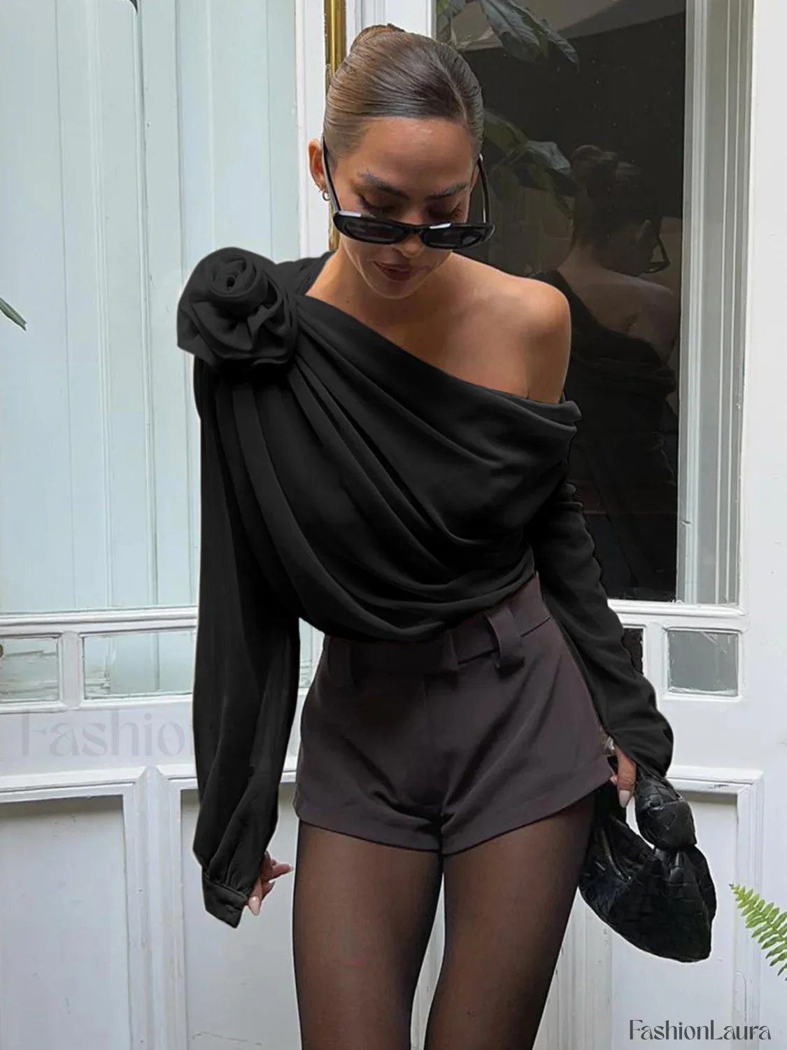 Chiffon Semi-sheer One Shoulder Asymmetrical Blouse - Image 25