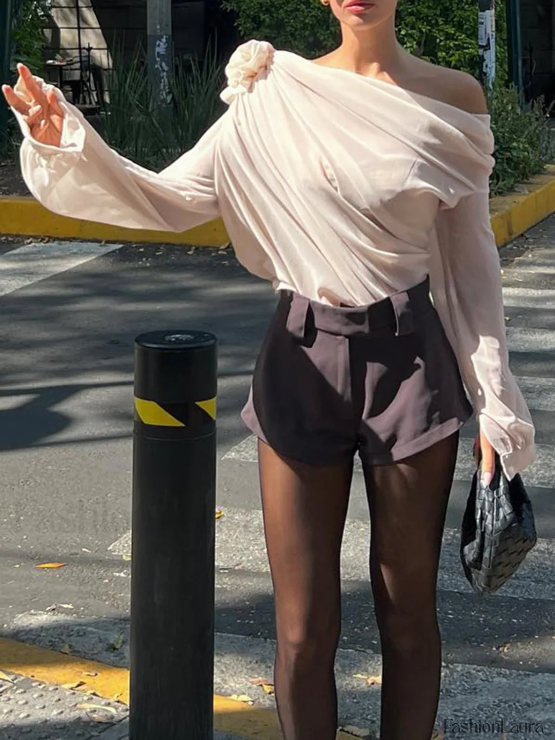 Chiffon Semi-sheer One Shoulder Asymmetrical Blouse - Image 29
