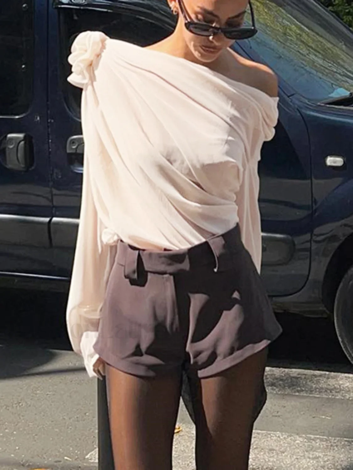Chiffon Semi-sheer One Shoulder Asymmetrical Blouse - Image 5