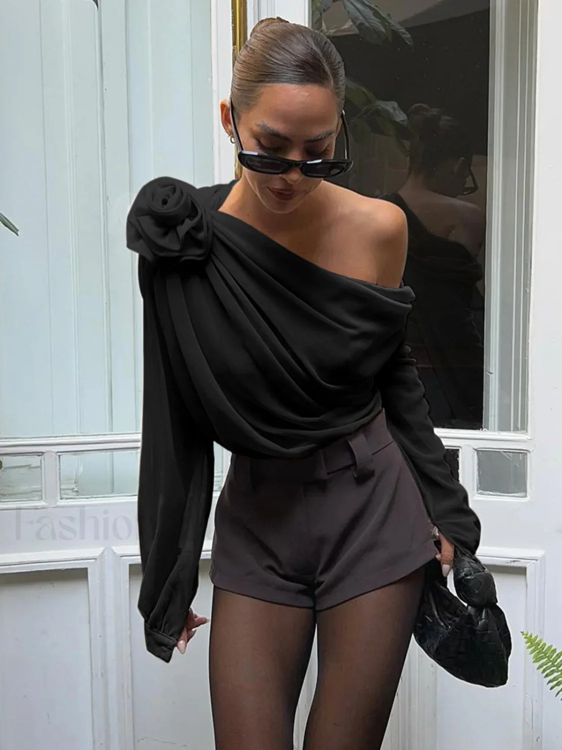 Chiffon Semi-sheer One Shoulder Asymmetrical Blouse - Image 6