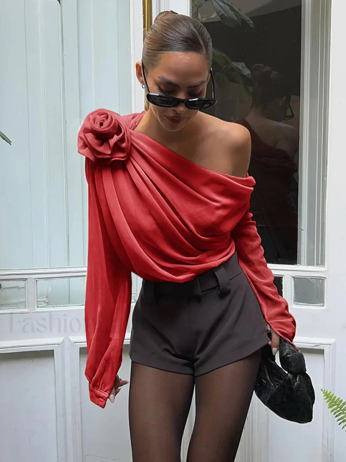 Chiffon Semi-sheer One Shoulder Asymmetrical Blouse - Image 8