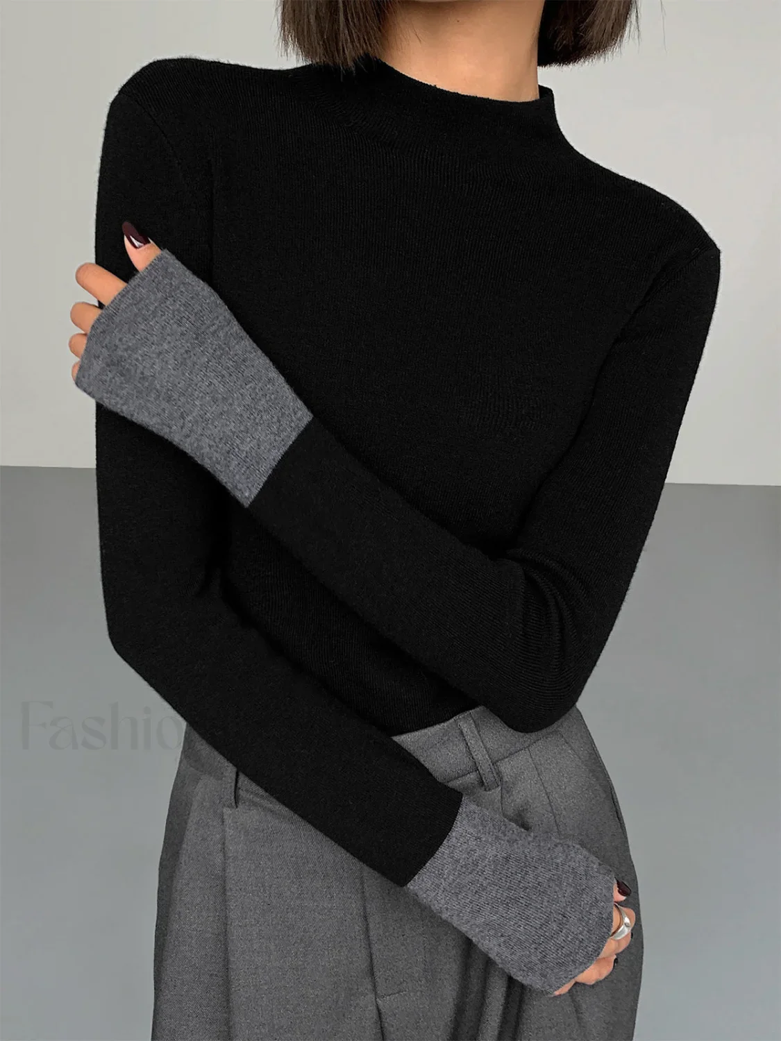 Long Sleeve Contrast Cuff Knit Top - Image 24