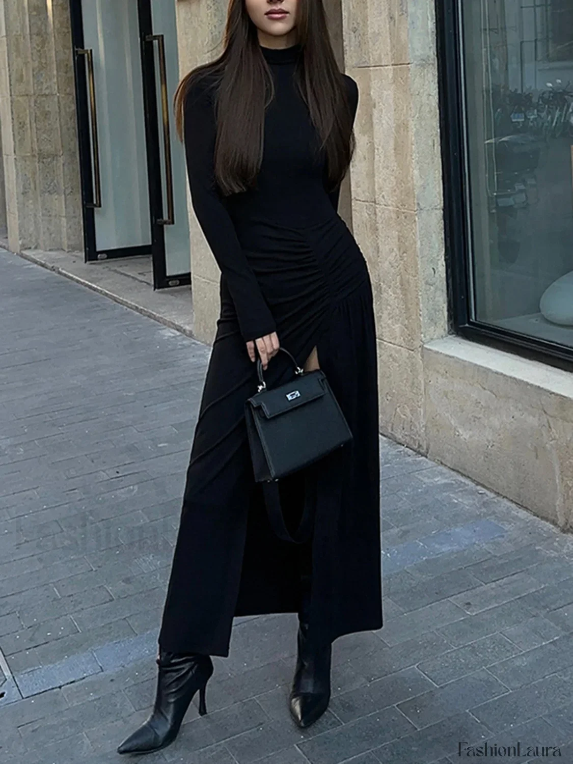 Slit Pleated Long Sleeve Bodycon Mock Neck Long Dress - Image 10