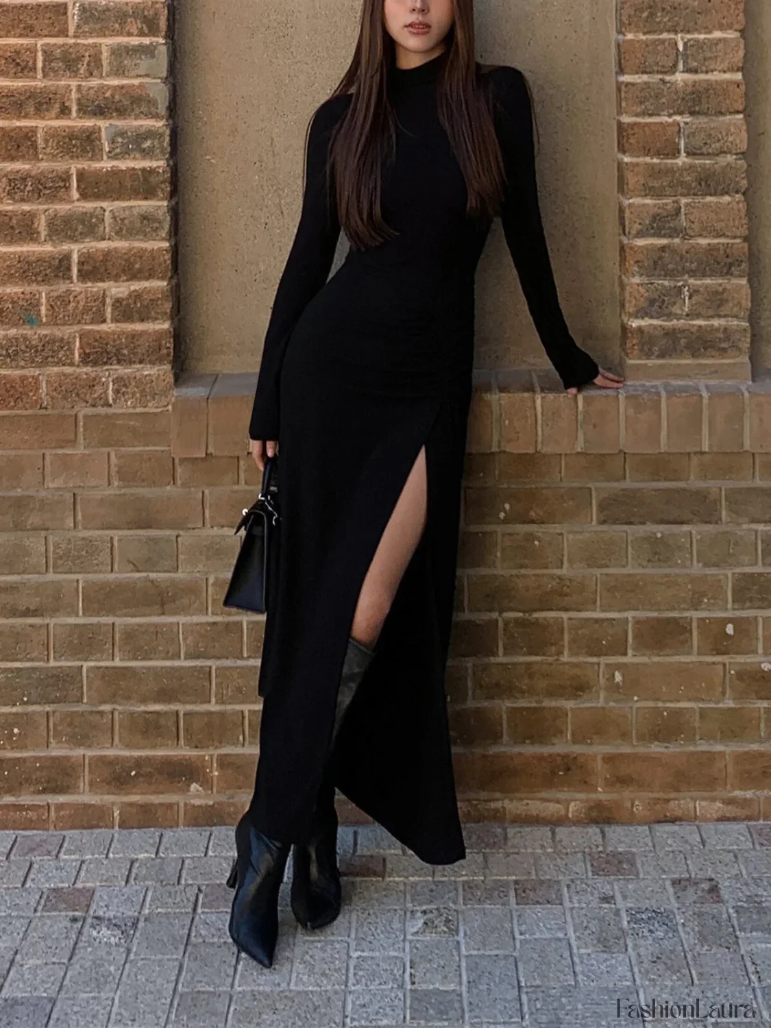 Slit Pleated Long Sleeve Bodycon Mock Neck Long Dress - Image 11