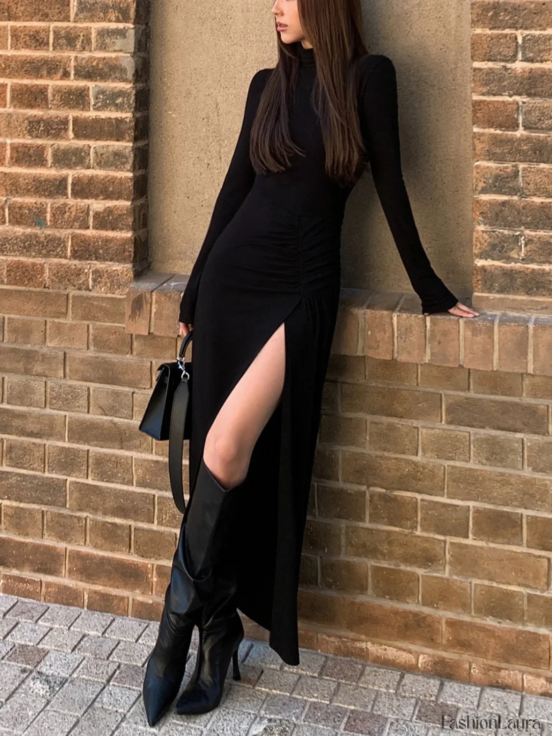 Slit Pleated Long Sleeve Bodycon Mock Neck Long Dress - Image 9