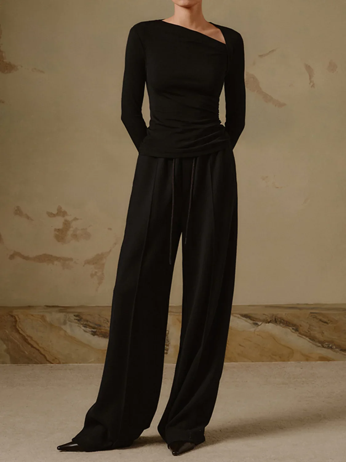 Ribbed Knit Long Sleeve Asymmetric Shirt - Image 13