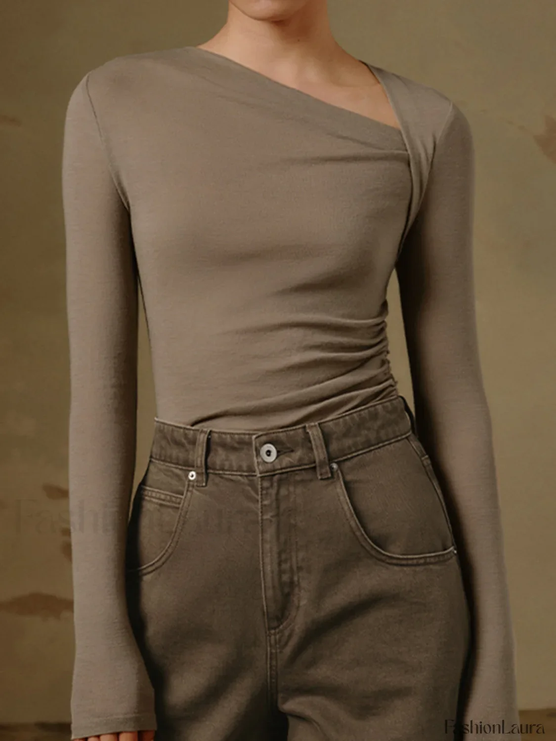 Ribbed Knit Long Sleeve Asymmetric Shirt - Image 17