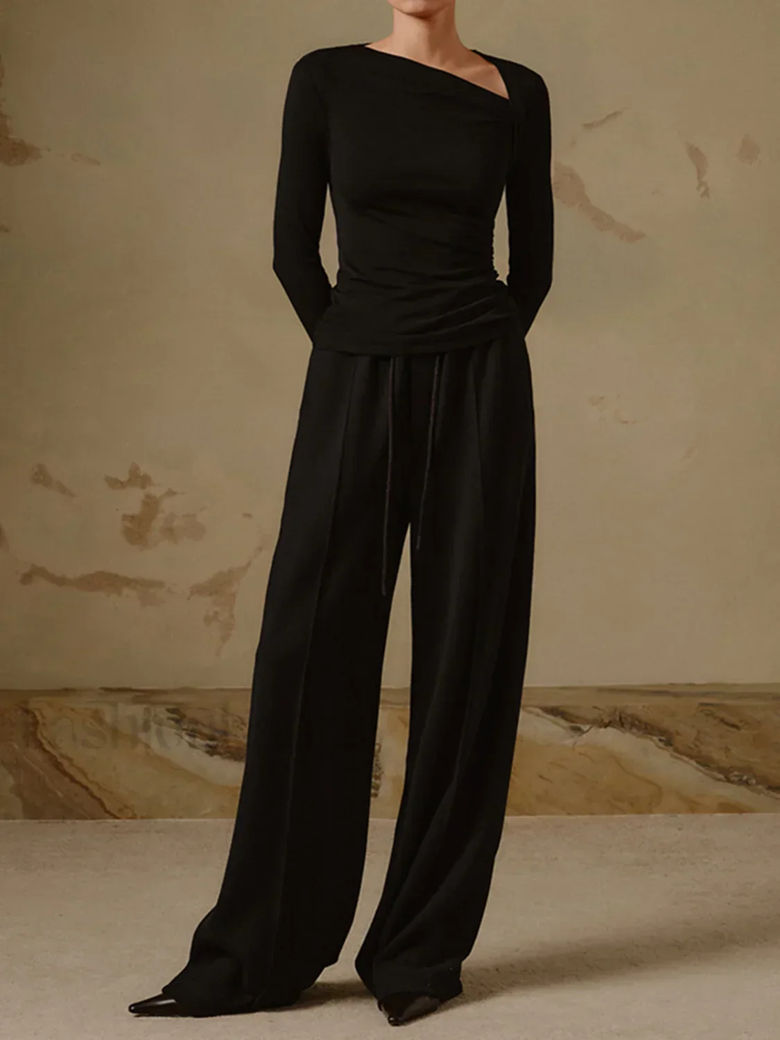 Ribbed Knit Long Sleeve Asymmetric Shirt - Image 3