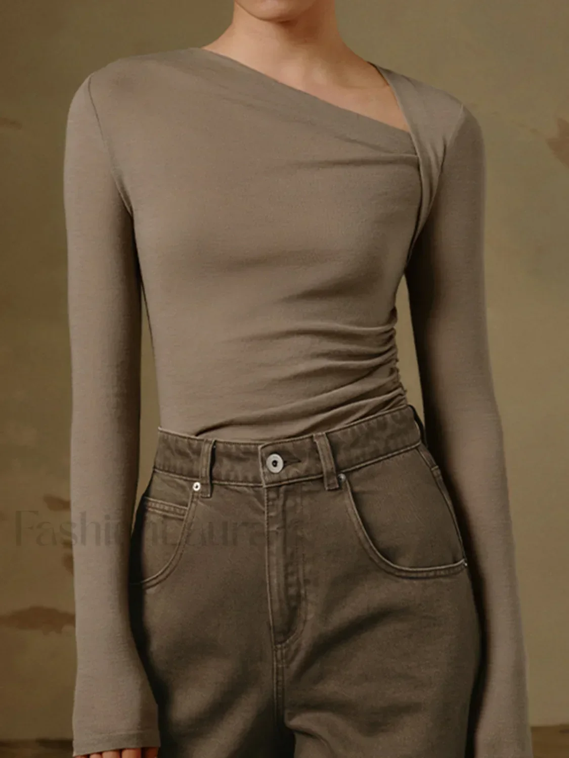 Ribbed Knit Long Sleeve Asymmetric Shirt - Image 5