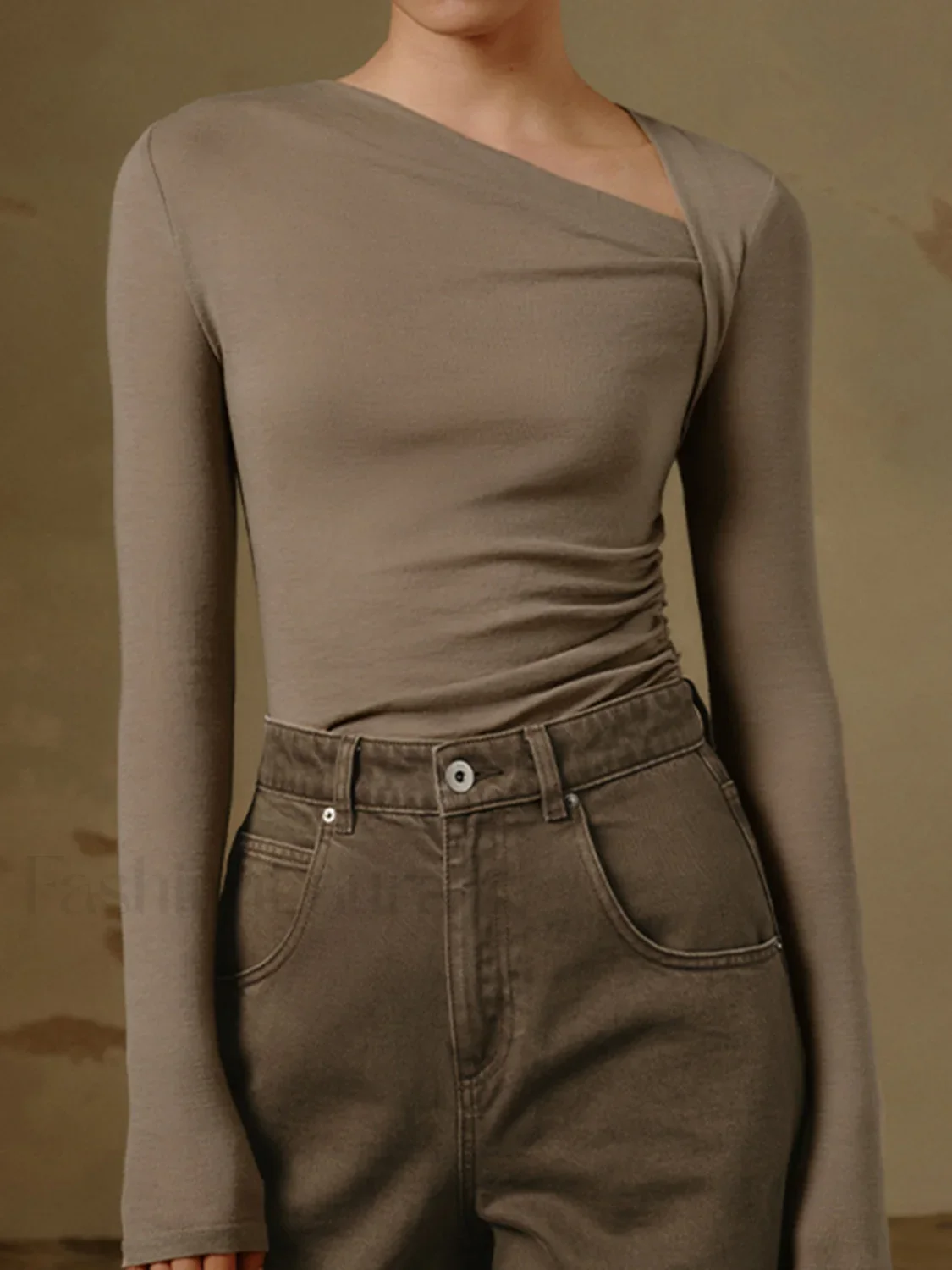 Ribbed Knit Long Sleeve Asymmetric Shirt - Image 6