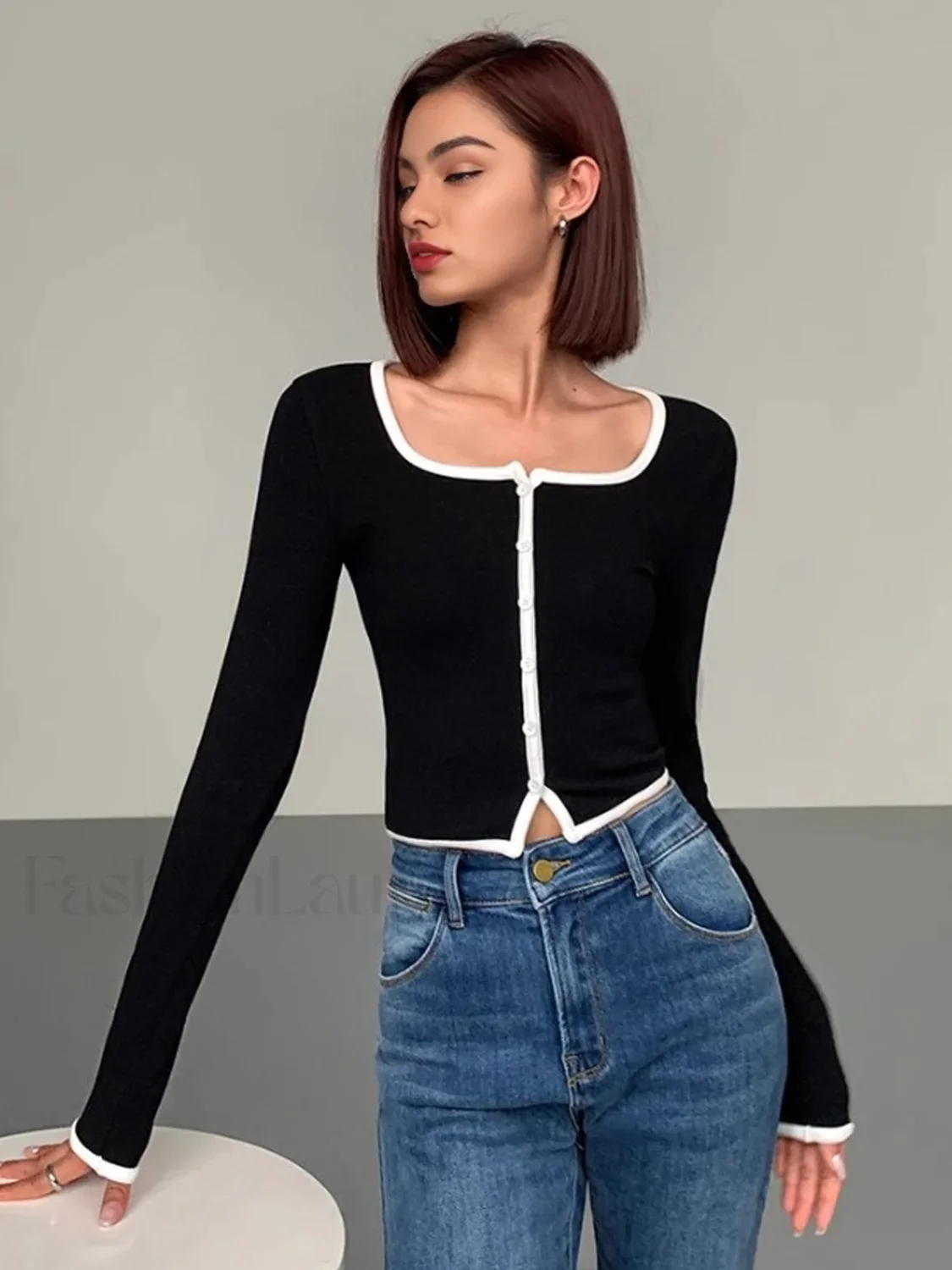 Square Neck Contrast Trim Long Sleeve Knit Shirt - Image 24