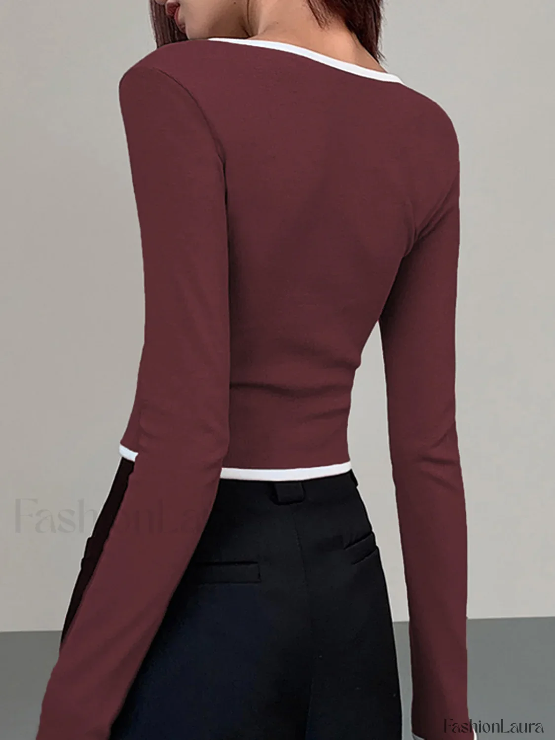 Square Neck Contrast Trim Long Sleeve Knit Shirt - Image 25
