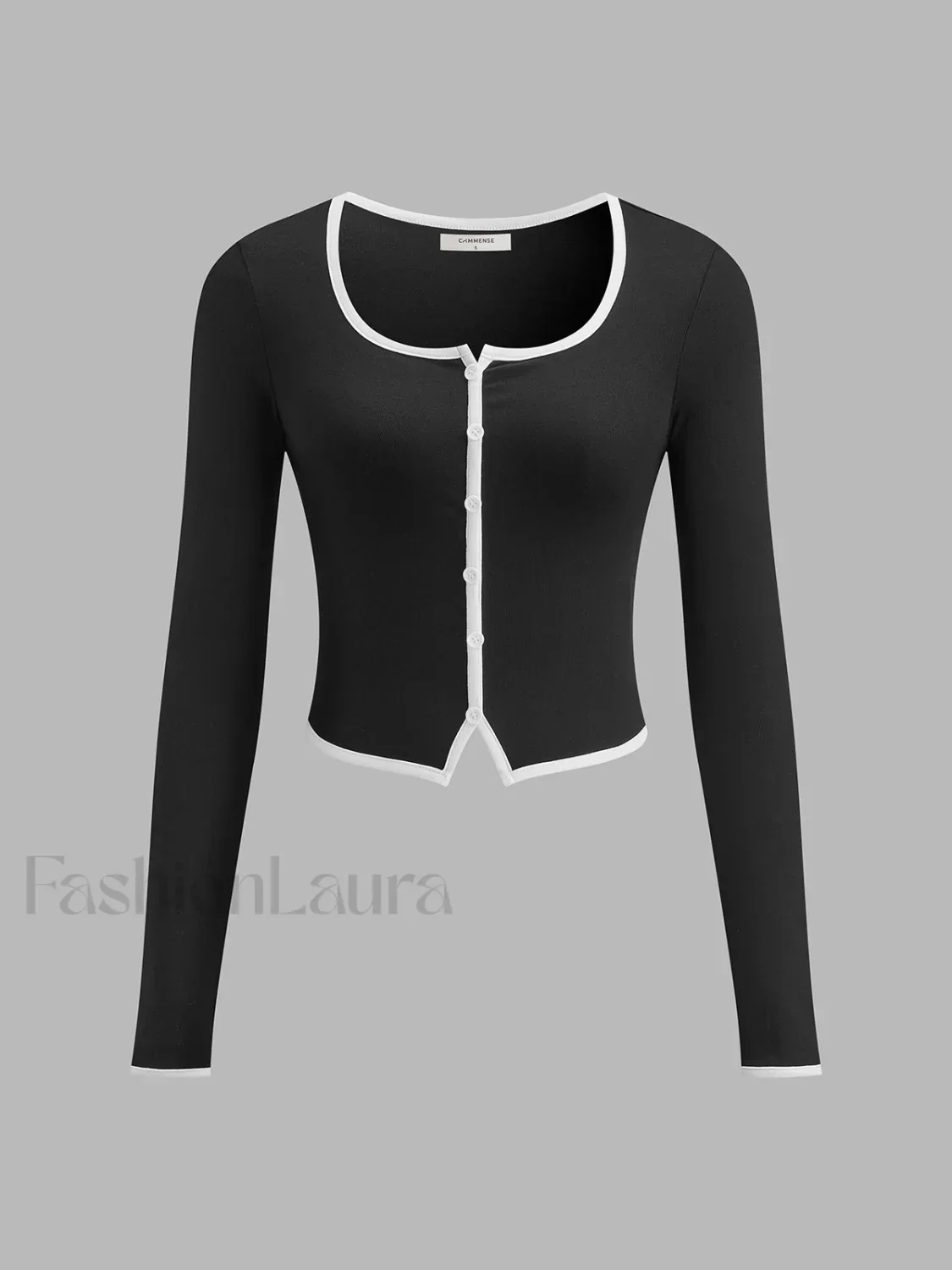 Square Neck Contrast Trim Long Sleeve Knit Shirt - Image 5