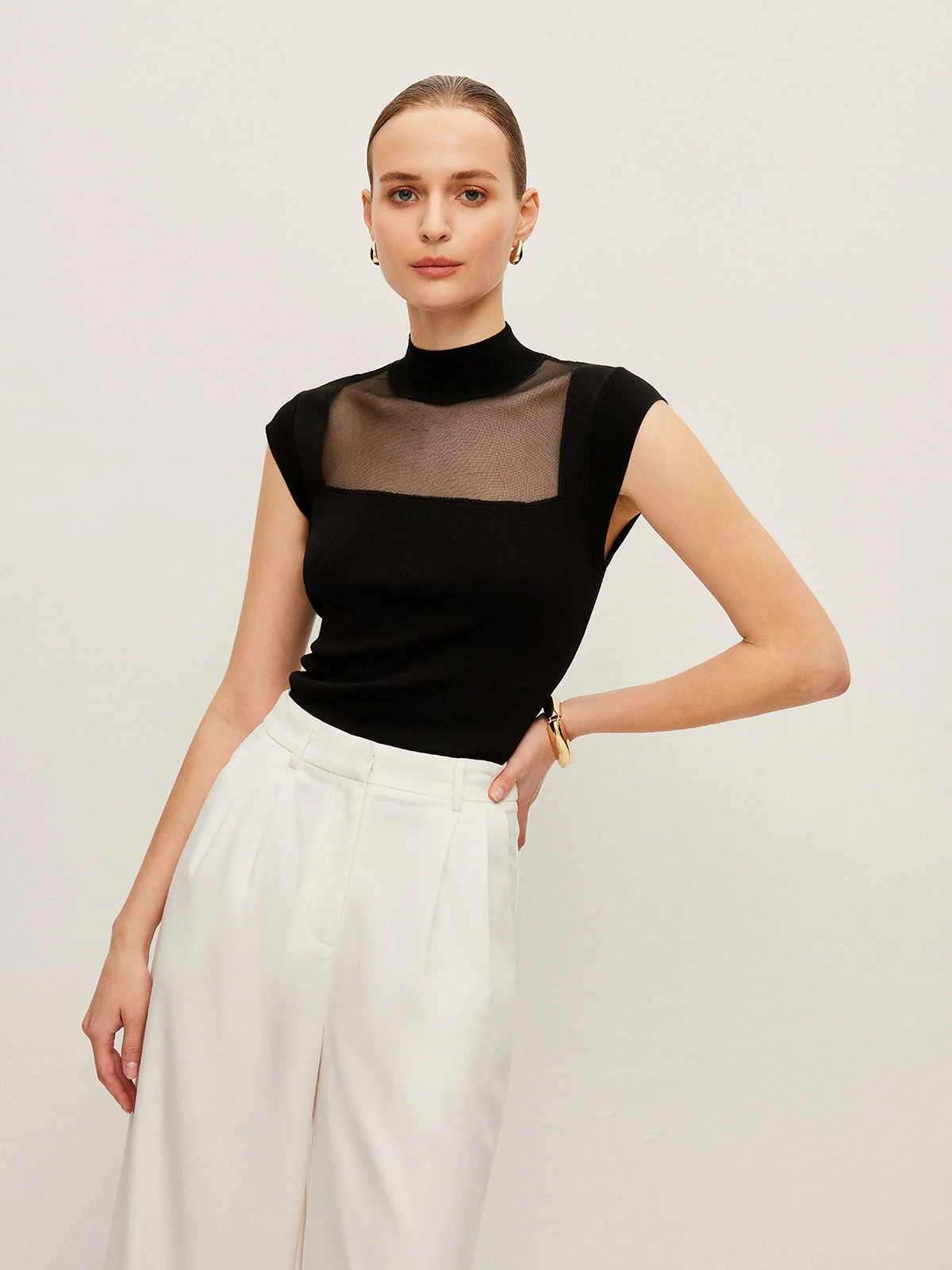 Mesh Panel Mock Neck Top - Image 10
