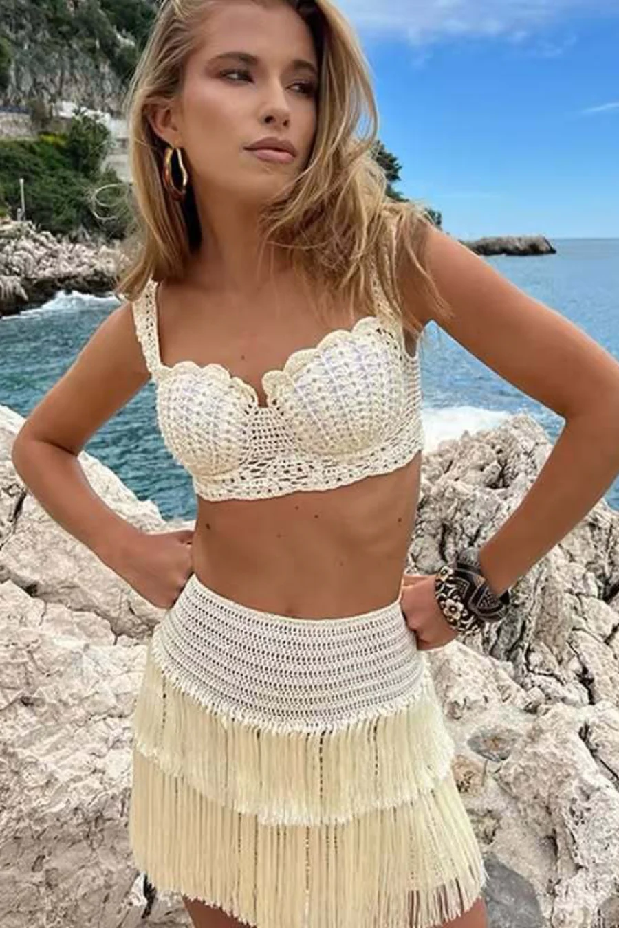 Crochet Fringe Halter Bikini Skirt Set - Image 3
