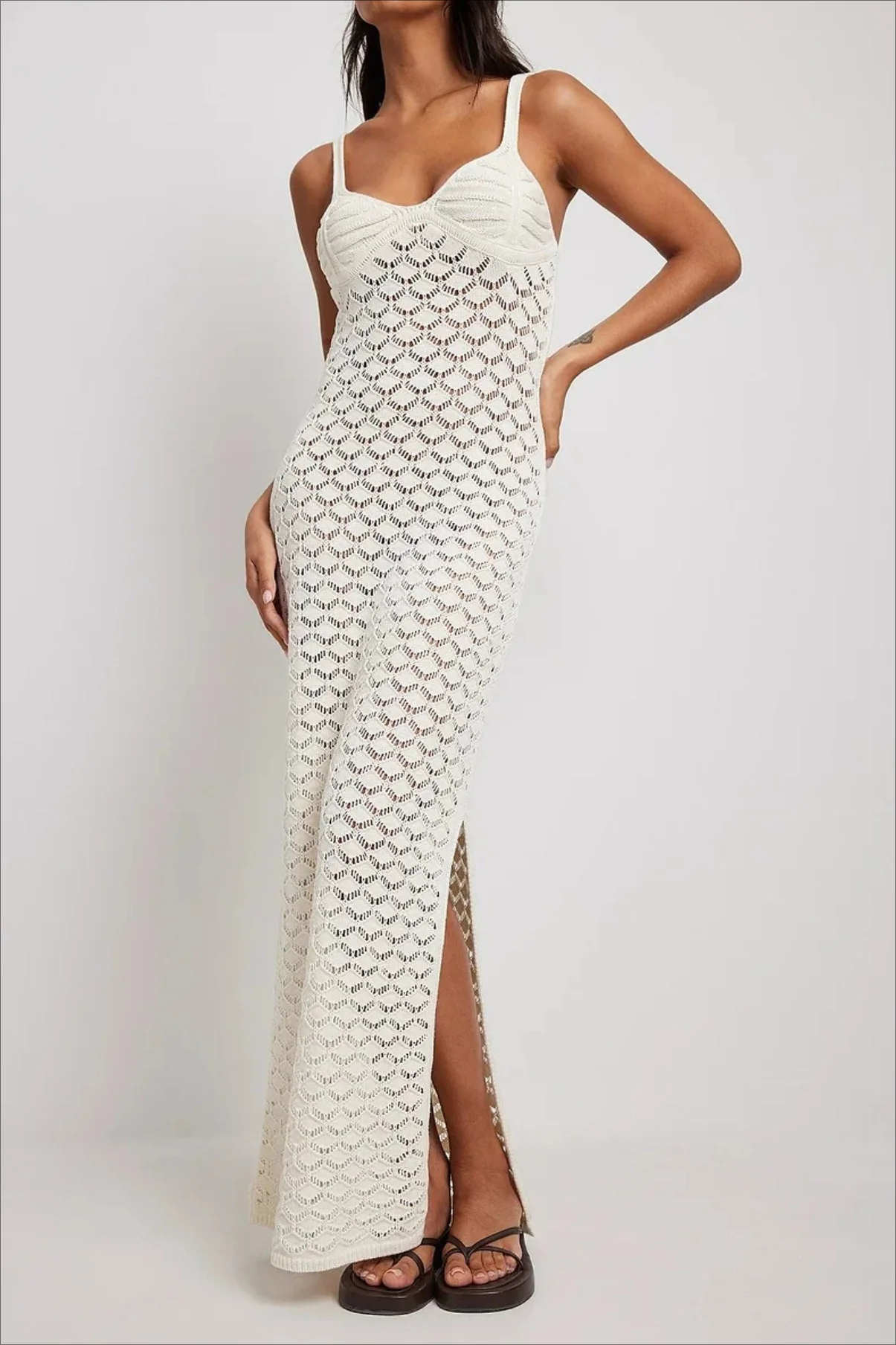 Crochet Knit Backless Slit Cami Maxi Boho Dress - Image 3