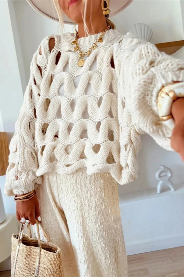 Crochet Knit Hollow Out Pullover Sweater - Image 4