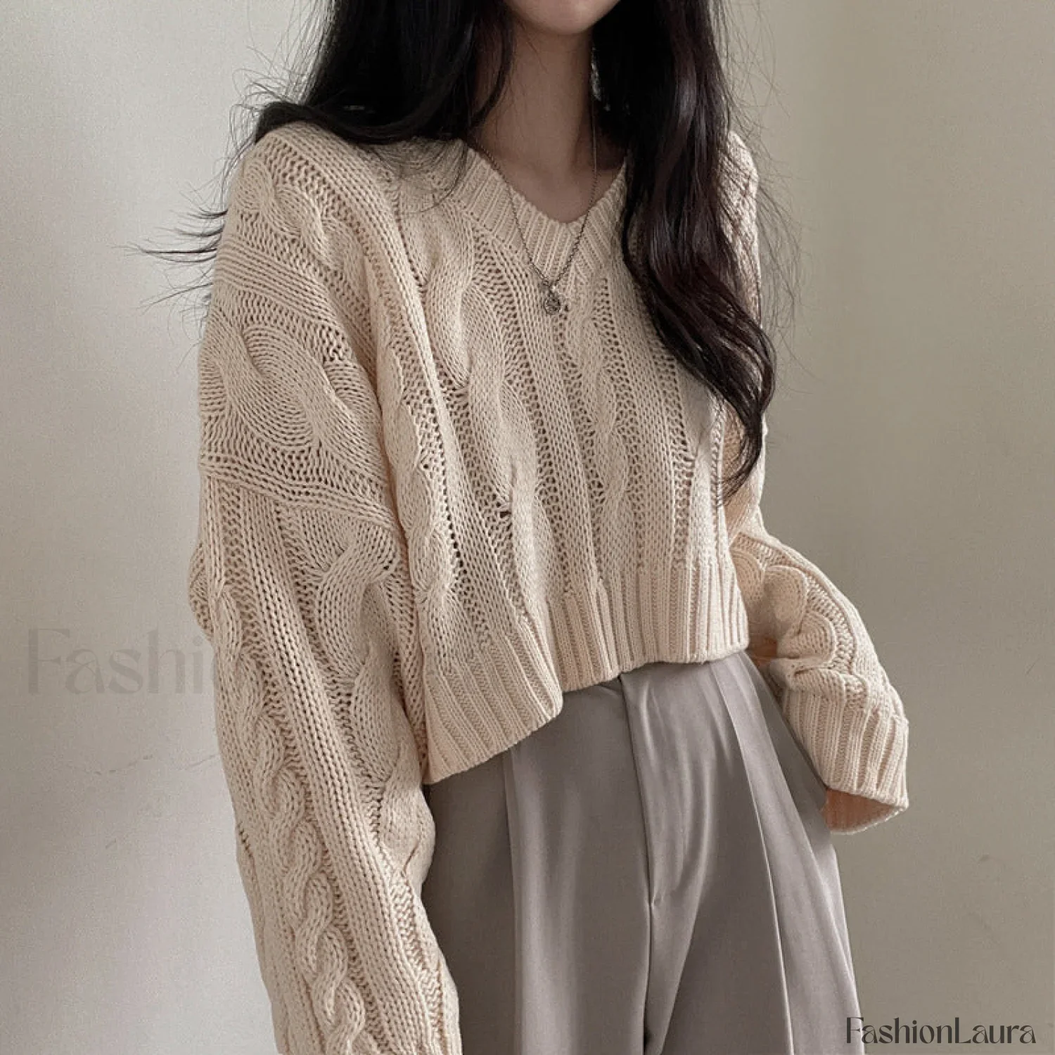 Cropped Brown Cable Knit Sweater - Image 10