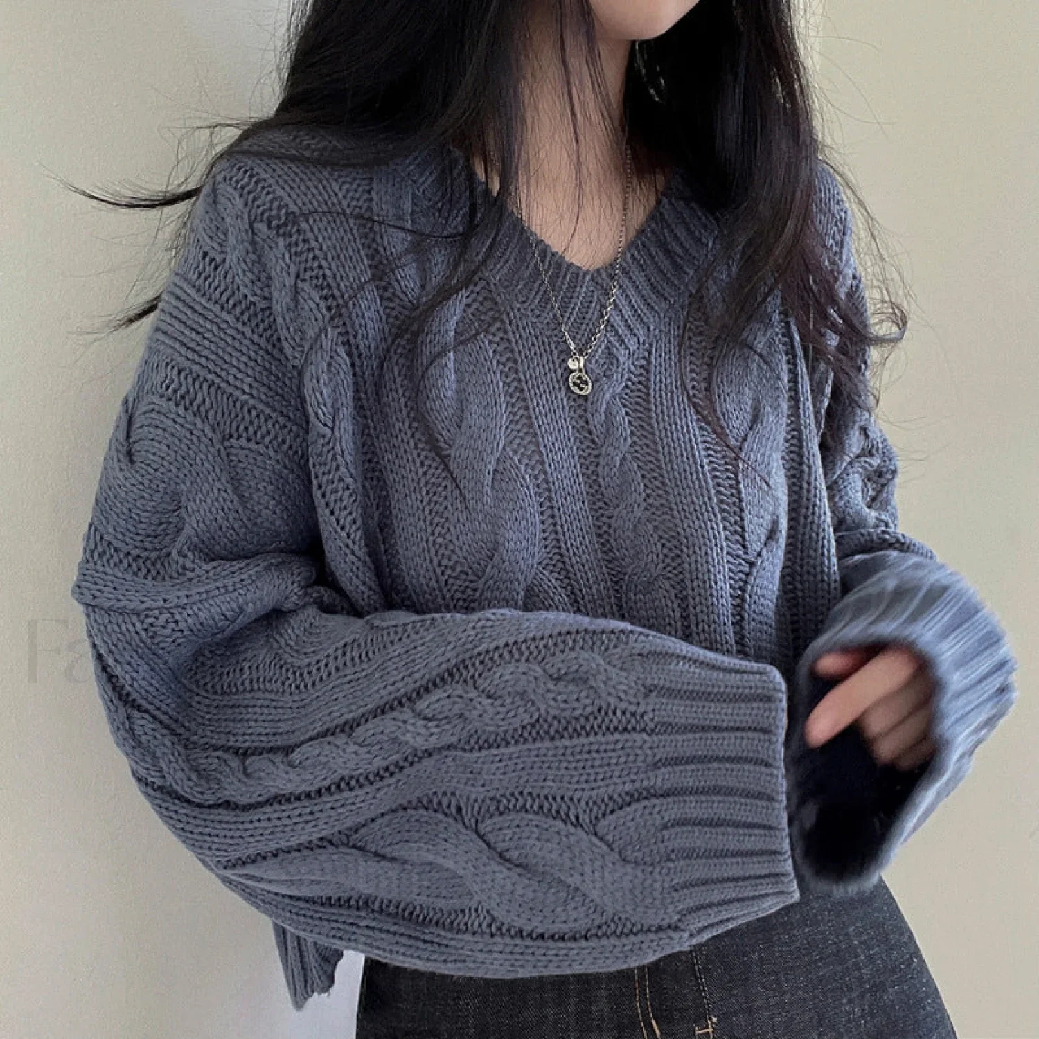 Cropped Brown Cable Knit Sweater - Image 3