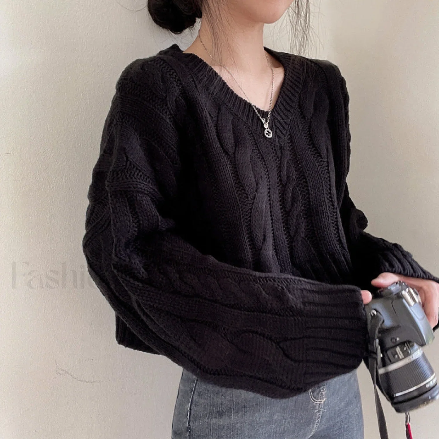 Cropped Brown Cable Knit Sweater - Image 4