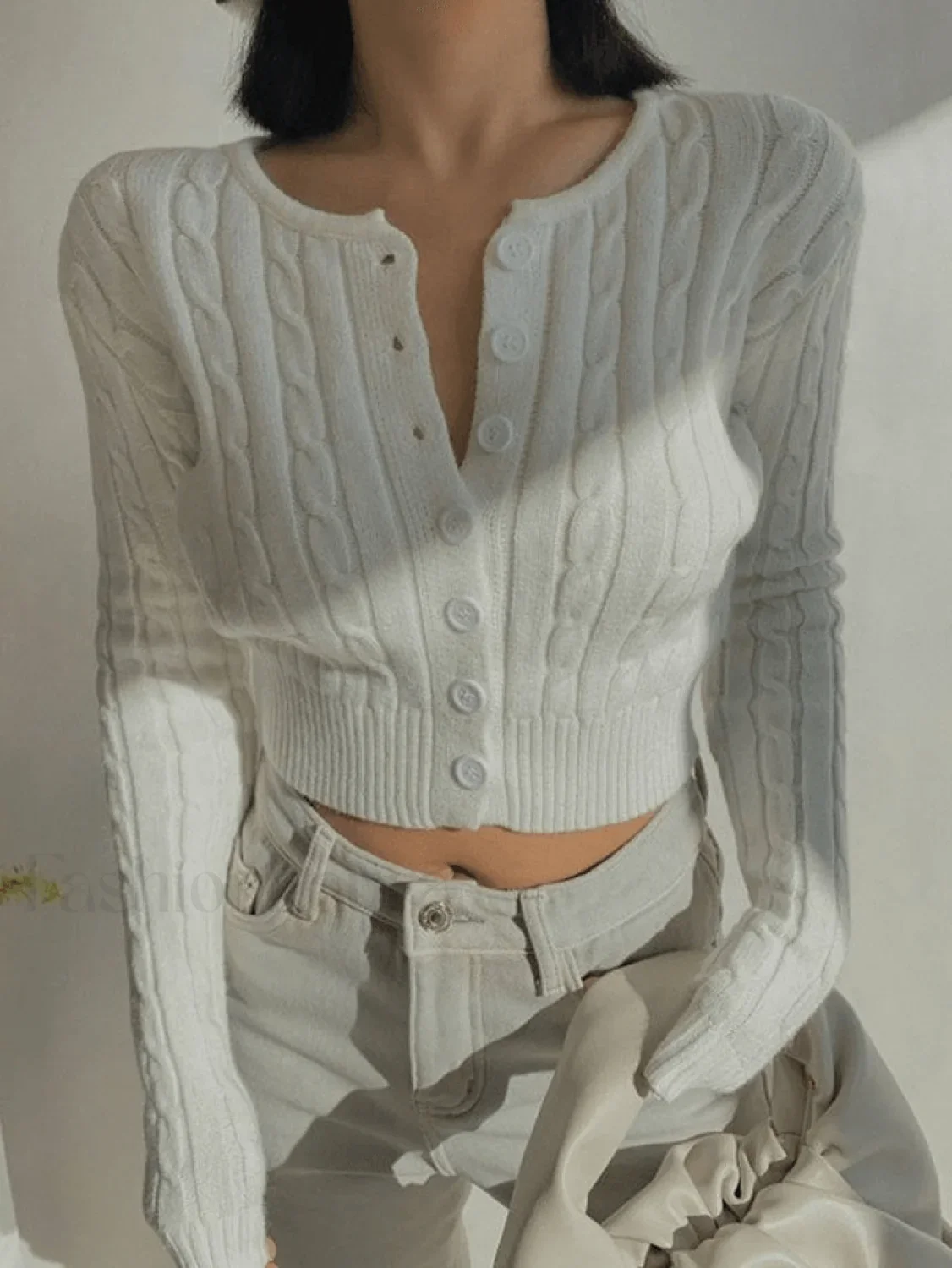 Cropped Button Cable Knit Cardigan - Image 14
