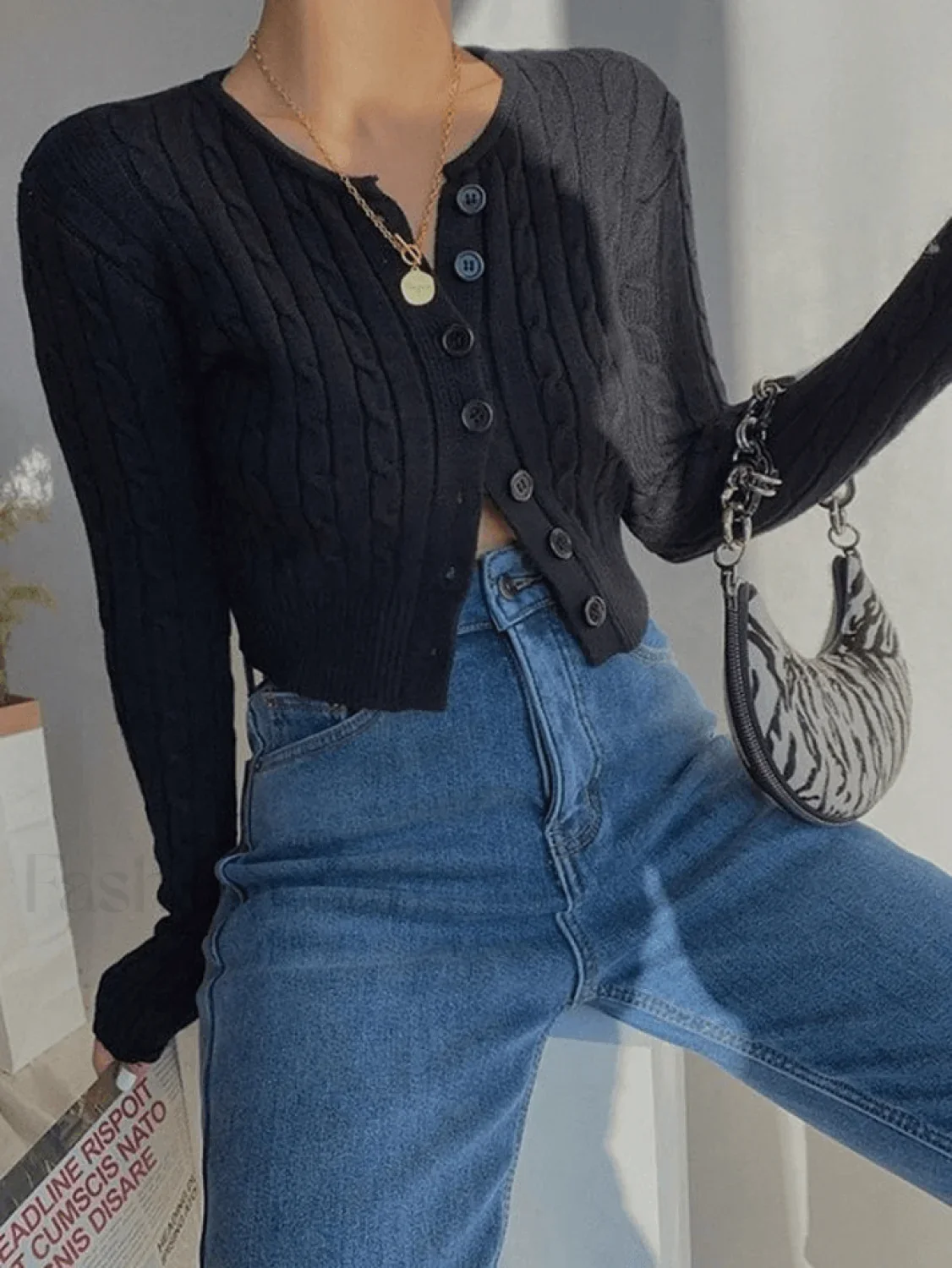 Cropped Button Cable Knit Cardigan - Image 16