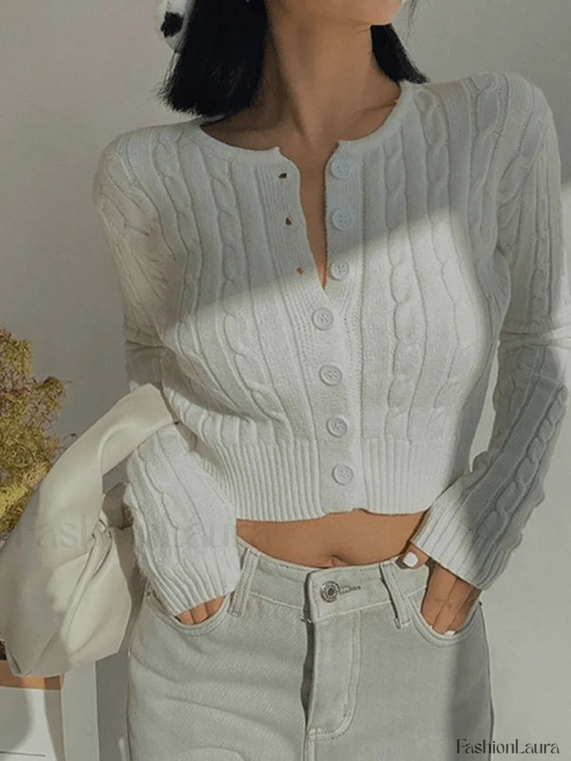 Cropped Button Cable Knit Cardigan - Image 18