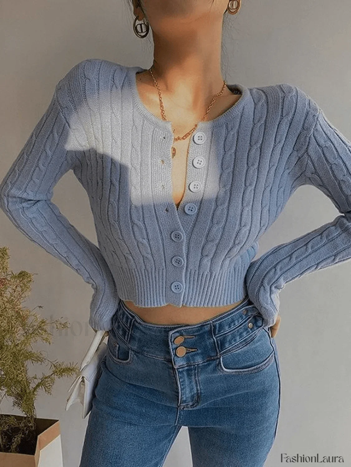 Cropped Button Cable Knit Cardigan - Image 22
