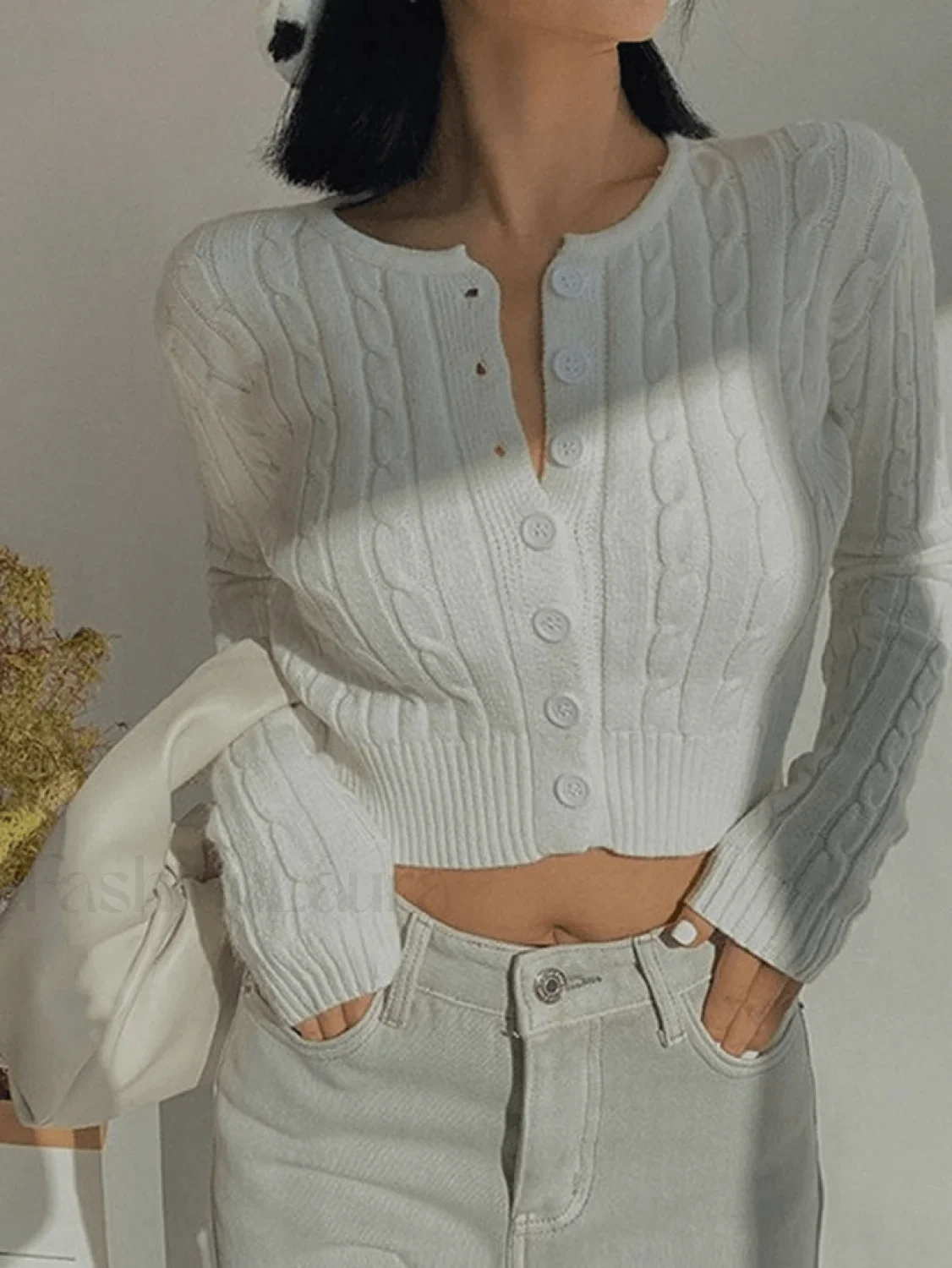 Cropped Button Cable Knit Cardigan - Image 9