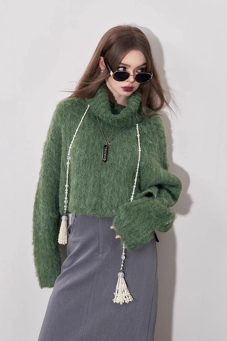 Cropped High Neck Pullover Sweater - Image 3