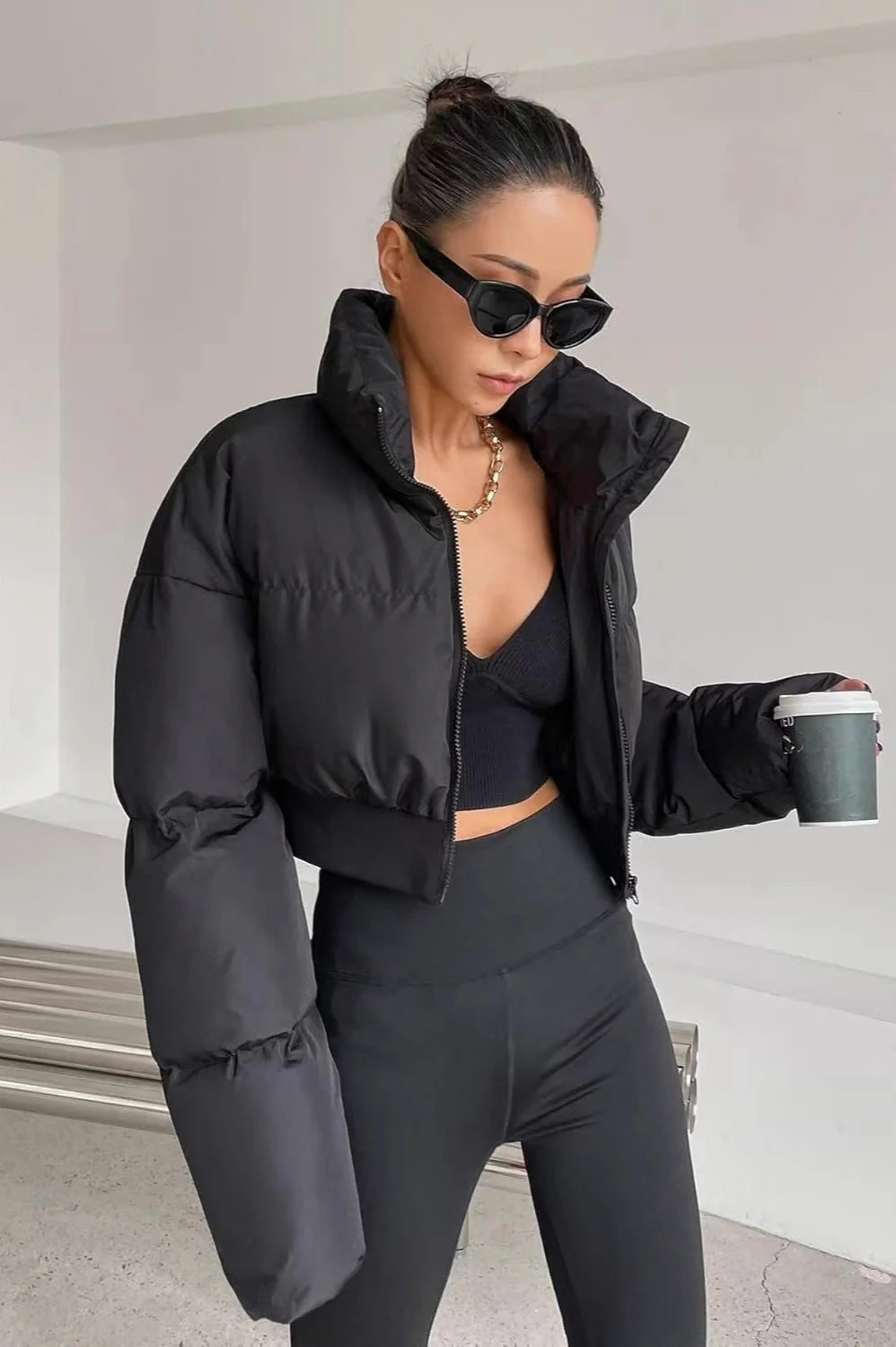 Cropped Patchwork Quilted Puffer Jacket - Image 2