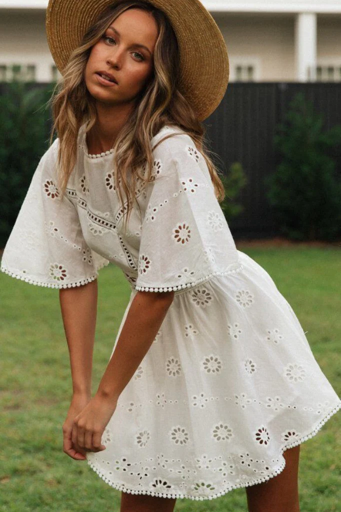 Cutout Round Neck Short Sleeve Boho Dress - Image 4