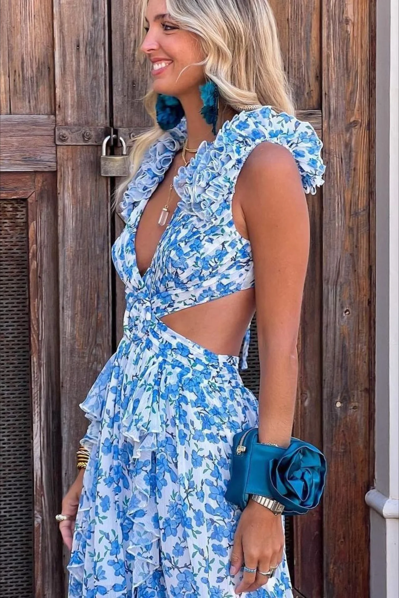 Deep V Backless Cutout Ruffle Floral Dress - Image 12