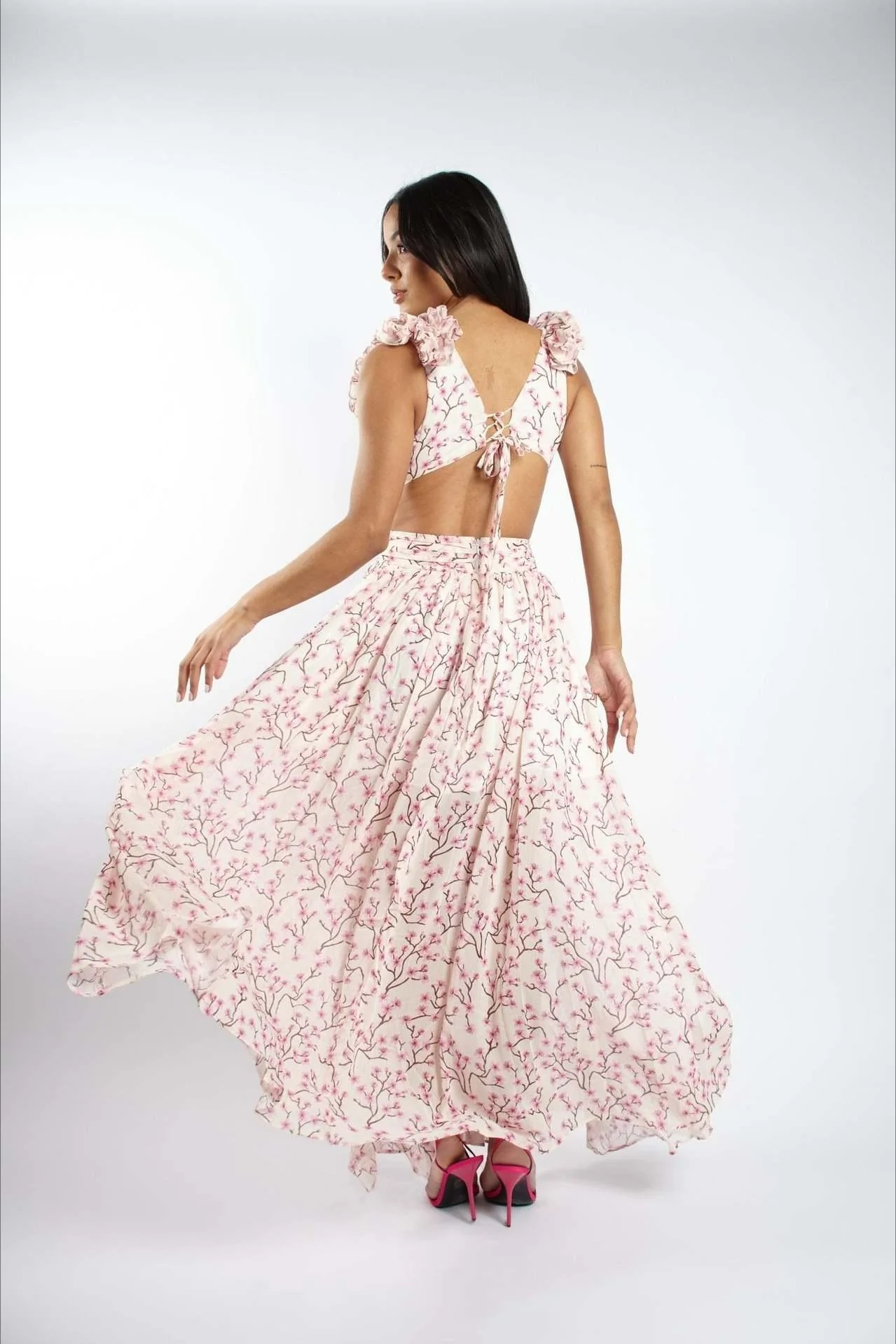 Deep V Backless Cutout Ruffle Floral Dress - Image 2
