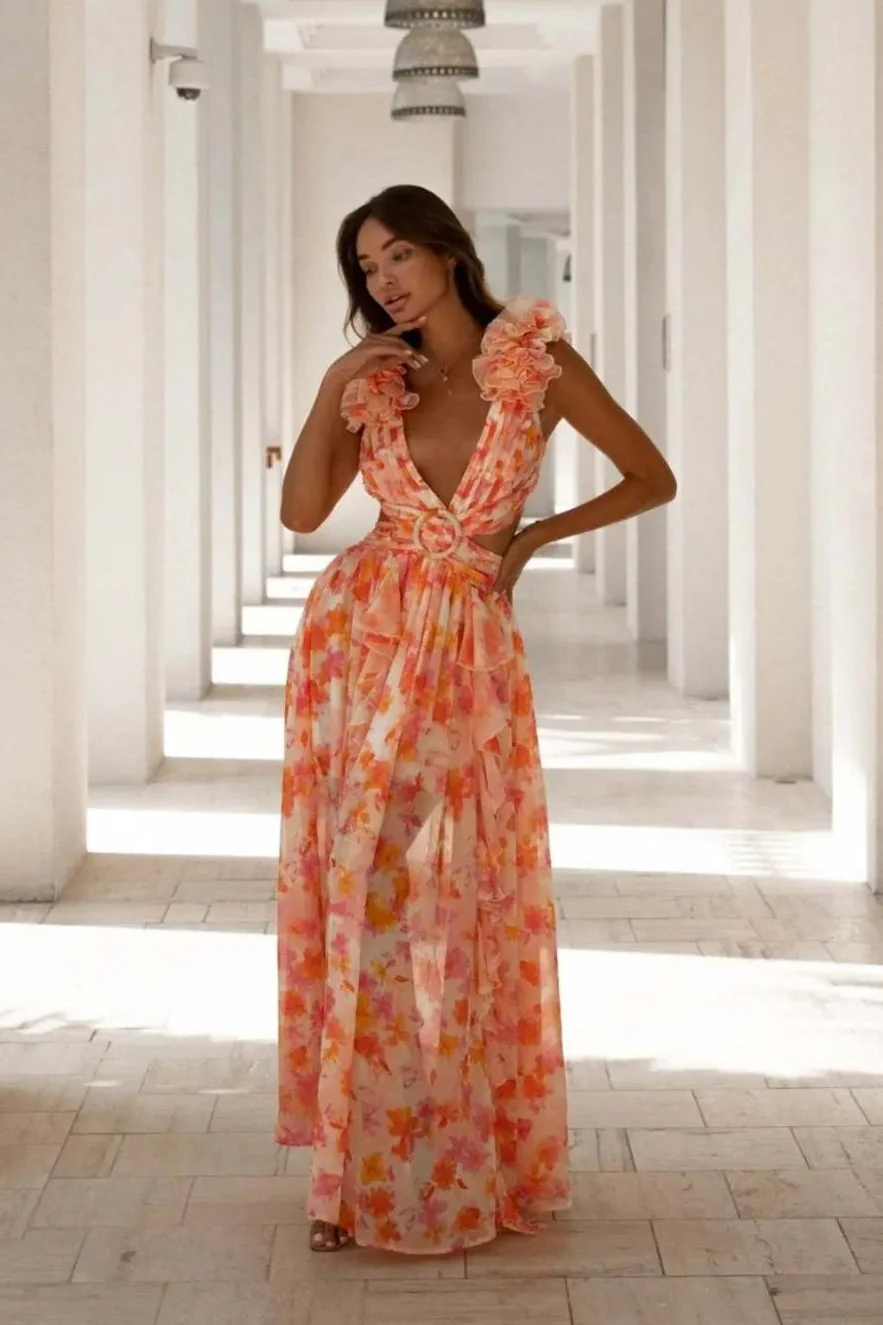 Deep V Backless Cutout Ruffle Floral Dress - Image 9