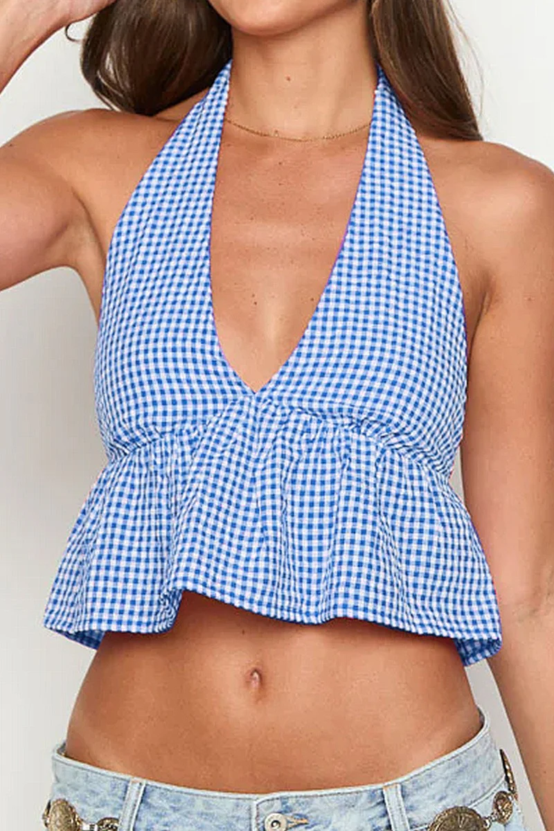 Deep V Halter Backless Checkered Halter Top