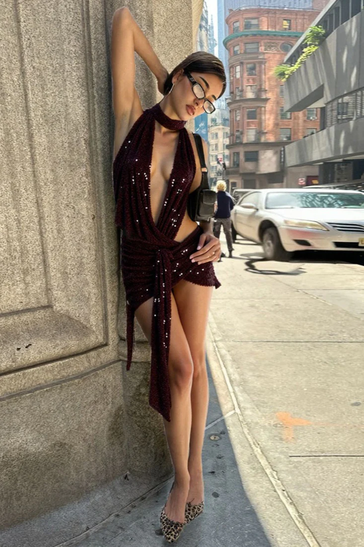 Deep V Halter Backless Sequin Dress - Image 5