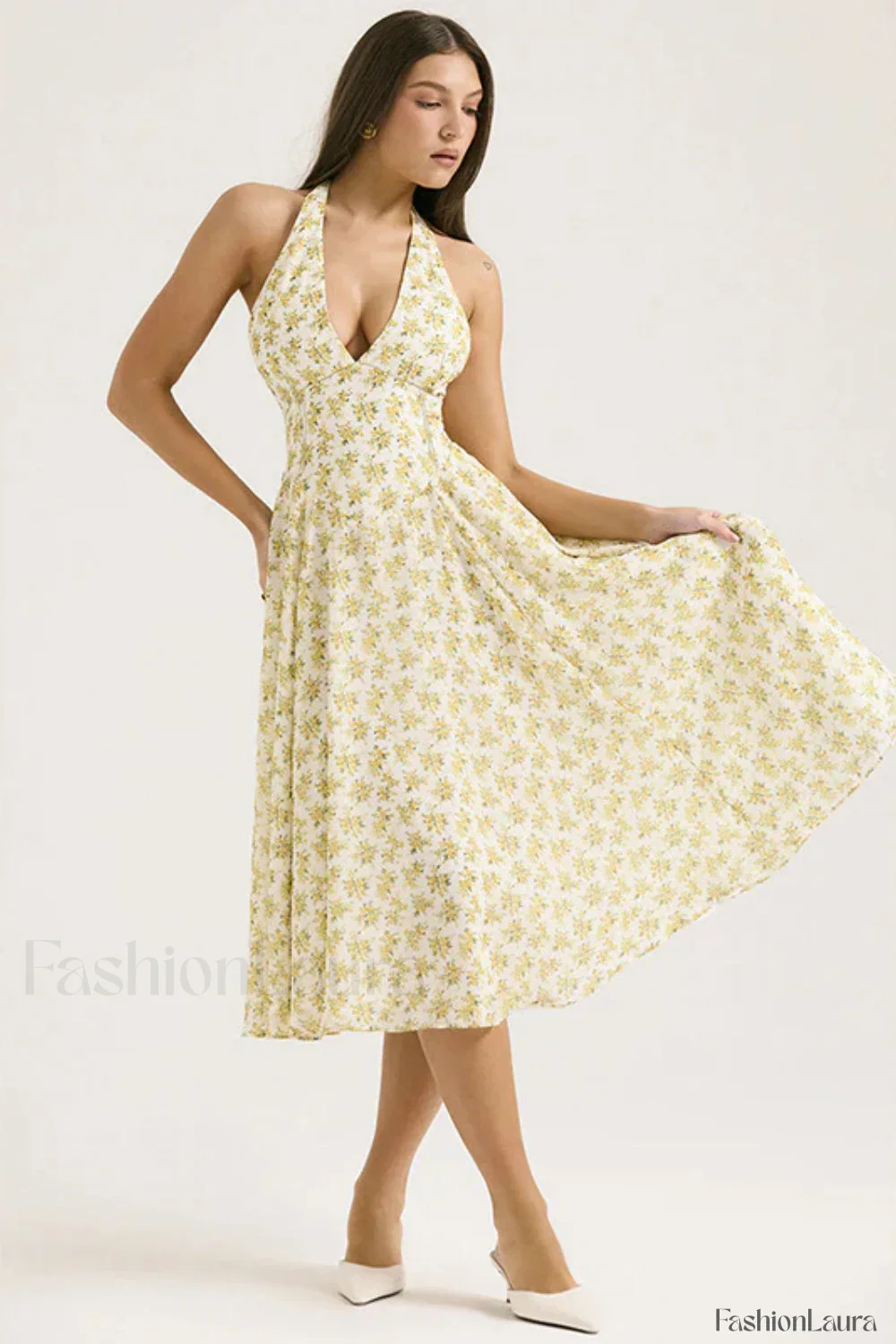 Deep V-Neck Backless Floral A-Line Floral Dress - Image 12