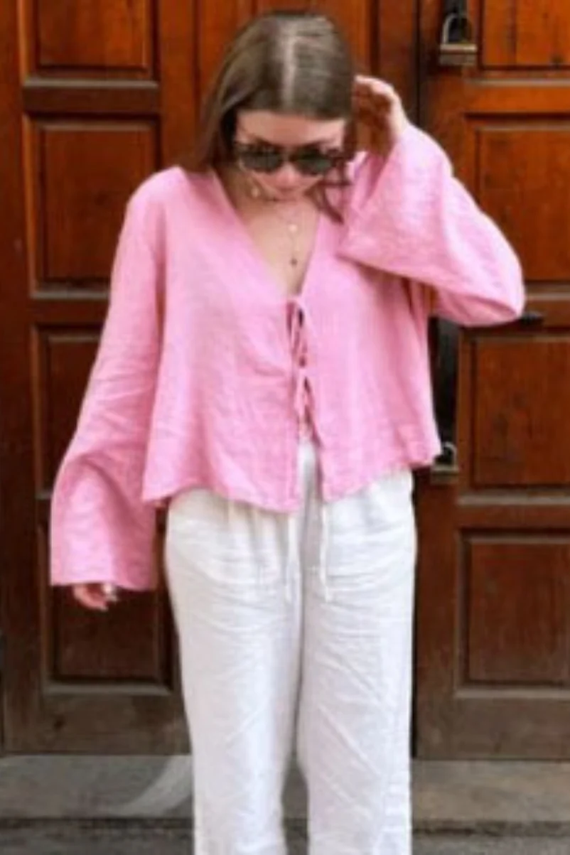 Deep V Neck Flare Sleeve Blouse - Image 8