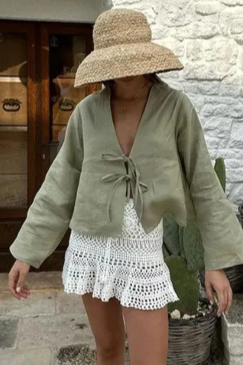 Deep V Neck Flare Sleeve Blouse - Image 9