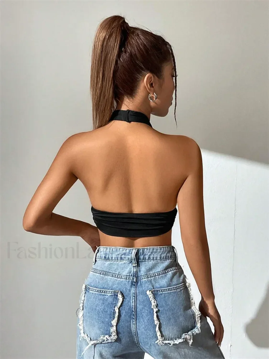 Deep V-Neck Halter Backless Solid Color Sexy Club Crop Top - Image 2