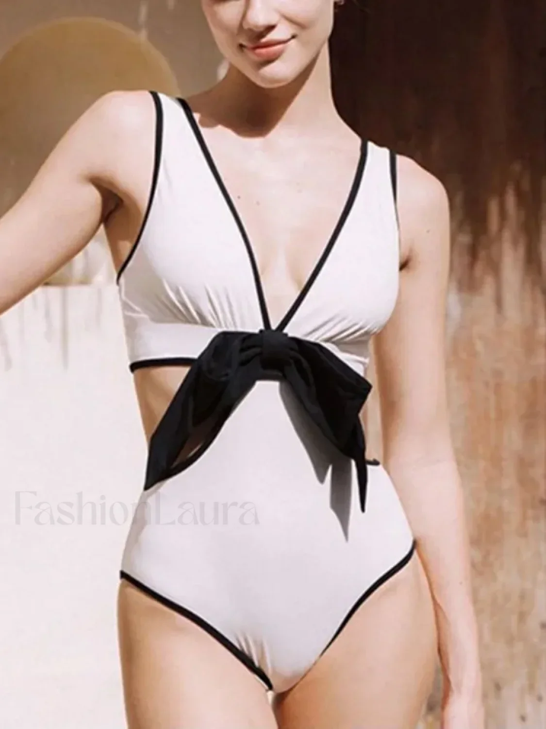 Deep V-Neck Hollow Out Bow One Piece - Image 2