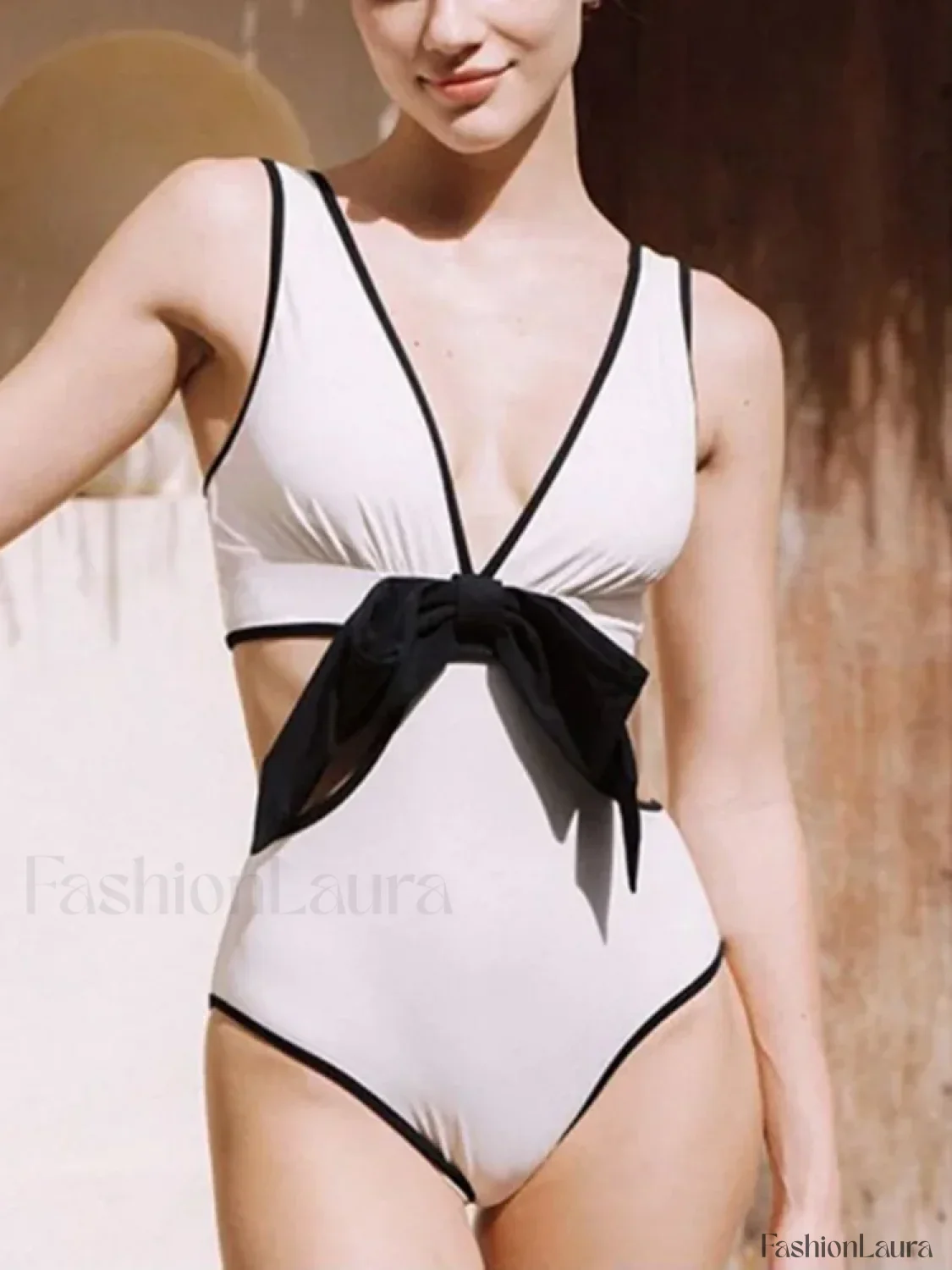Deep V-Neck Hollow Out Bow One Piece - Image 3