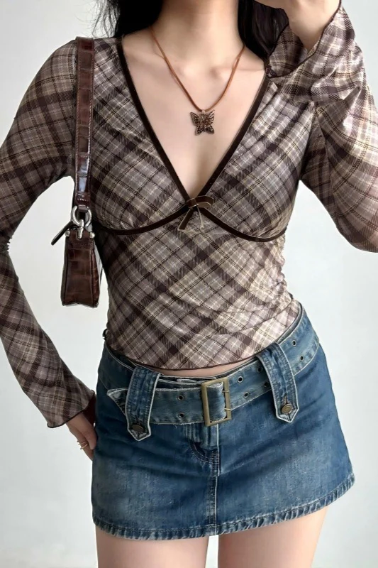 Deep V Neck Plaid Bodycon Cropped Long Sleeve Tee