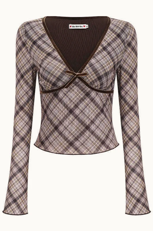 Deep V Neck Plaid Bodycon Cropped Long Sleeve Tee - Image 7