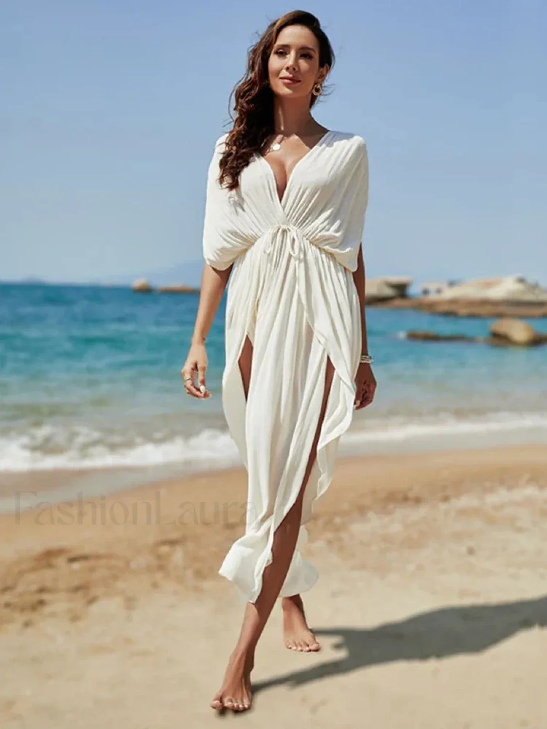 Deep V-Neck Slit Cut Loose Cover Up - Image 11