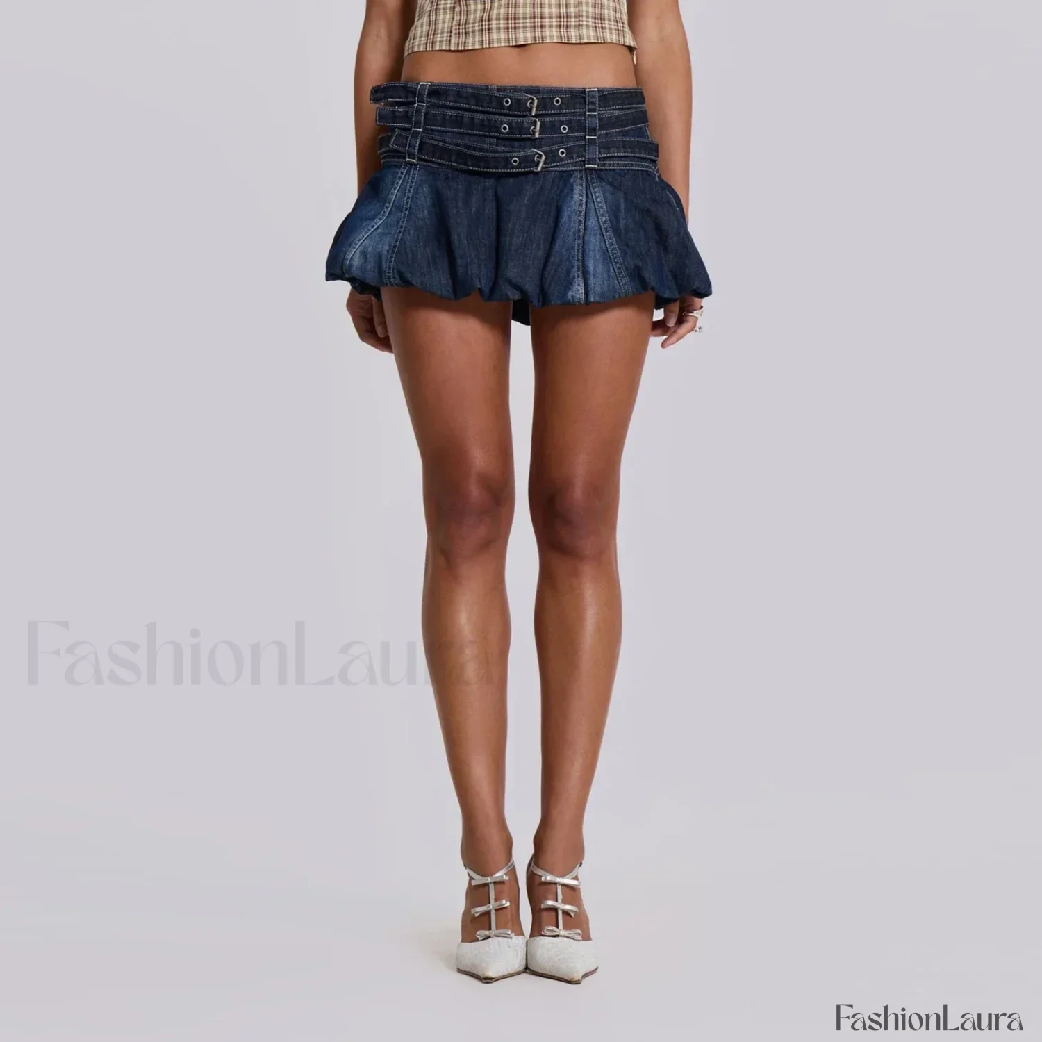 Denim Buckled Bubble Mini Skirt - Image 12