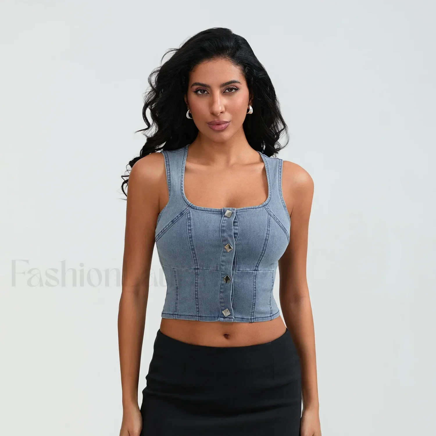 Denim Button Square Crop Top